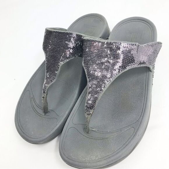 FitFlop LULU T Strap Gray Shimmer Sequin Orthopedic Thong Sandals - Picture 1 of 13